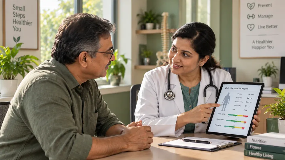 Physician reviewing a body composition report with patient at AyushPath clinic