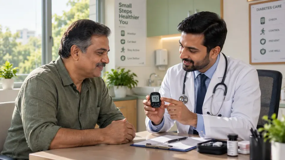 Physician reviewing blood sugar report with patient at AyushPath clinic